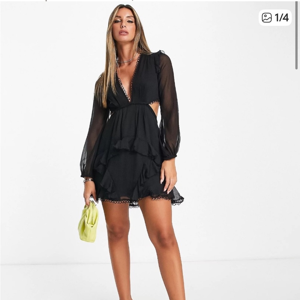 ASOS Black Long Sleeve Mini Dress Circle Trim Eyelet Size 6 LBD